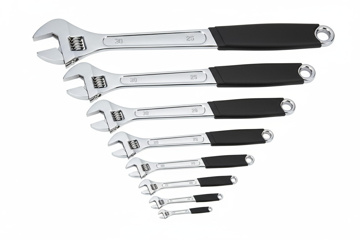A set of six adjustable wrenches in various sizes, made from high-carbon steel. The perfect set for tightening or loosening nuts and bolts on construction projects.